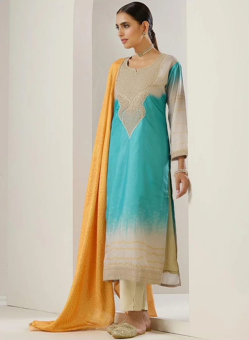 ISHIN Women's Blue Polyester Blend Printed Tunic Full Length Casual Straight Fit Kurta Set