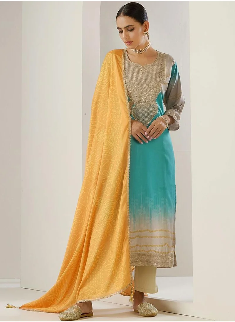 آي شين Women's Blue Polyester Blend Printed Tunic Full Length Casual Straight Fit Kurta Set
