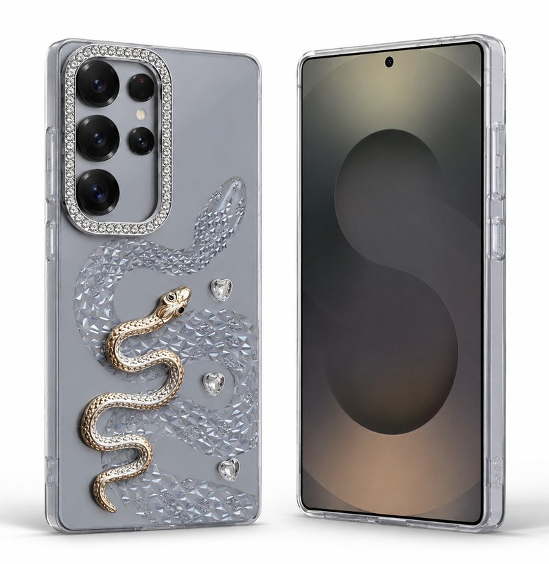 جراب فاخر بتصميم ثعبان ثلاثي الأبعاد لهاتف Samsung S25 Ultra  مع إطار كاميرا مرصع بالكريستال - غطاء واقٍ مقاوم للصدمات (رمادي) - Image 1