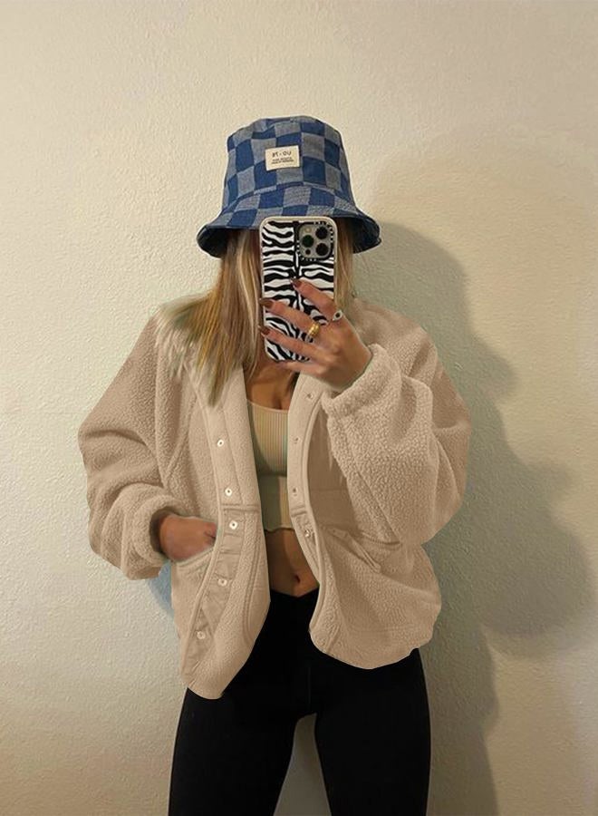 Omoone Women's Cropped Fleece Jacket Faux Fur Sherpa Coat Jackets Winter Outwear, Khaki, M - Image 4