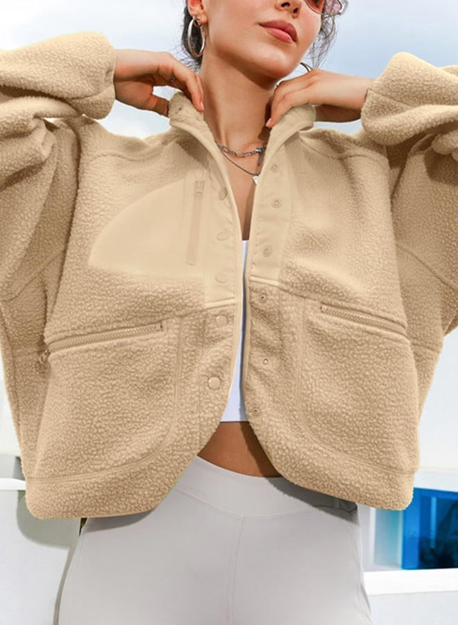 Omoone Women's Cropped Fleece Jacket Faux Fur Sherpa Coat Jackets Winter Outwear, Khaki, M - Image 2
