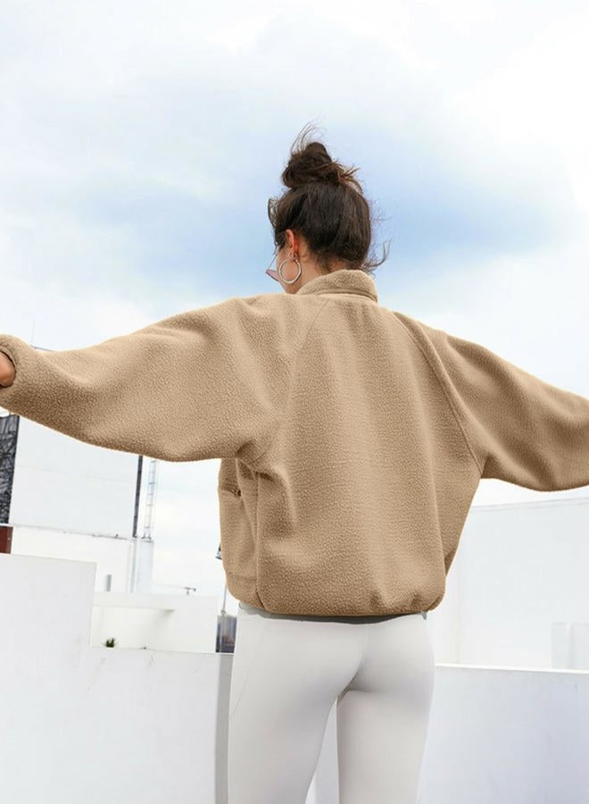 Omoone Women's Cropped Fleece Jacket Faux Fur Sherpa Coat Jackets Winter Outwear, Khaki, M - Image 3