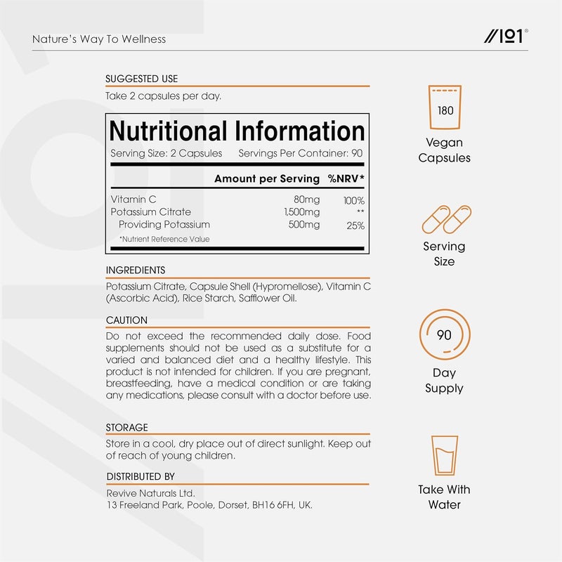 ALPHA01 Potassium Citrate 1500mg & Vitamin C 80mg â€“ 180 Veg Capsules â€“ High Strength Formula Providing 500mg Pottasium 100% NRV Vitamin C - by Alpha01 - Image 3