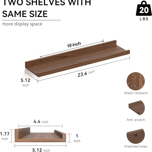 Boswillon 23.6 Inch Long Floating Shelves - 2 Set Farmhouse Wall Shelf for Bedroom, Nursery Book Shelf with Lip, Picture Ledge Shelf for Wall Decor Living Room Bathroom Kitchen - Walnut - Image 2