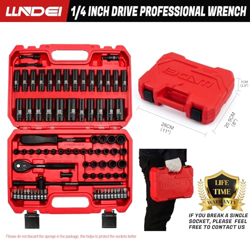 LLNDEI 1/4 inch Drive Impact Socket Set 83 Piece,Standard SAE(5/32-9/16 inch) Metric Size(4-15mm),72T Ratchet Wrench Handle,CR-V Mechanics Tool Set with Adapter,Screwdriver Bits for Automotive Repair - Image 4
