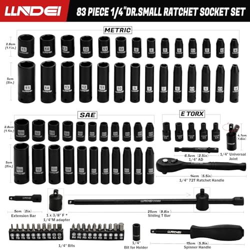 LLNDEI 1/4 inch Drive Impact Socket Set 83 Piece,Standard SAE(5/32-9/16 inch) Metric Size(4-15mm),72T Ratchet Wrench Handle,CR-V Mechanics Tool Set with Adapter,Screwdriver Bits for Automotive Repair - Image 2