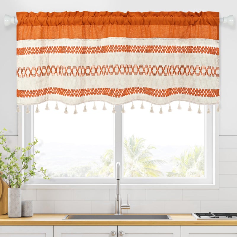 FRAMICS Farmhouse Linen Valance for Windows Boho Crochet Short Curtain with Tassel Country Orange Valance for Kitchen Light Filtering Rod Pocket Window Treatment for Bathroom, 1 Panel, 52" W x 18" L - Image 1