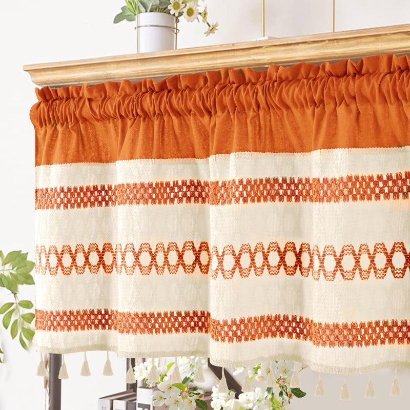 FRAMICS Farmhouse Linen Valance for Windows Boho Crochet Short Curtain with Tassel Country Orange Valance for Kitchen Light Filtering Rod Pocket Window Treatment for Bathroom, 1 Panel, 52" W x 18" L - Image 2