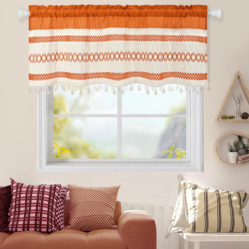 FRAMICS Farmhouse Linen Valance for Windows Boho Crochet Short Curtain with Tassel Country Orange Valance for Kitchen Light Filtering Rod Pocket Window Treatment for Bathroom, 1 Panel, 52" W x 18" L - Image 5
