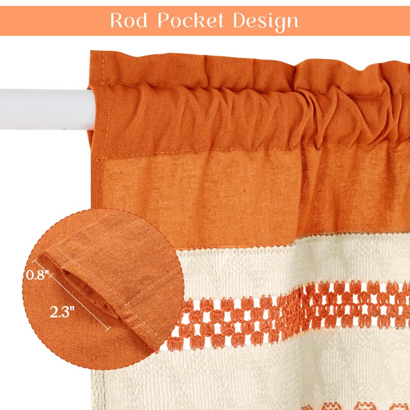 FRAMICS Farmhouse Linen Valance for Windows Boho Crochet Short Curtain with Tassel Country Orange Valance for Kitchen Light Filtering Rod Pocket Window Treatment for Bathroom, 1 Panel, 52" W x 18" L - Image 4