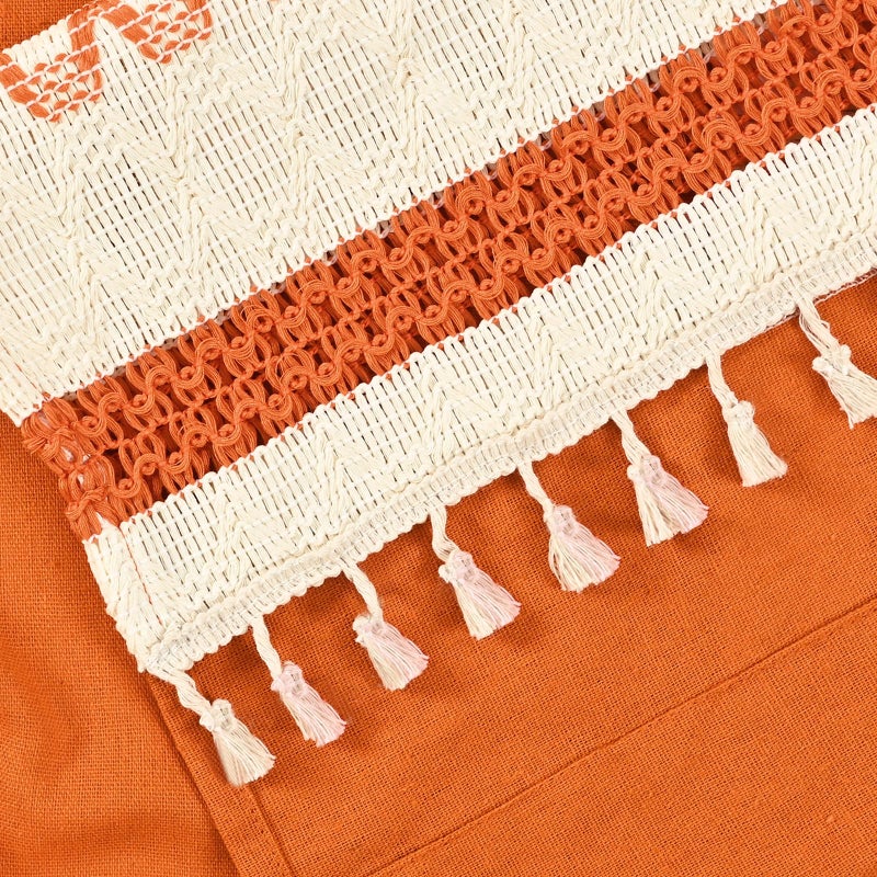 FRAMICS Farmhouse Linen Valance for Windows Boho Crochet Short Curtain with Tassel Country Orange Valance for Kitchen Light Filtering Rod Pocket Window Treatment for Bathroom, 1 Panel, 52" W x 18" L - Image 3