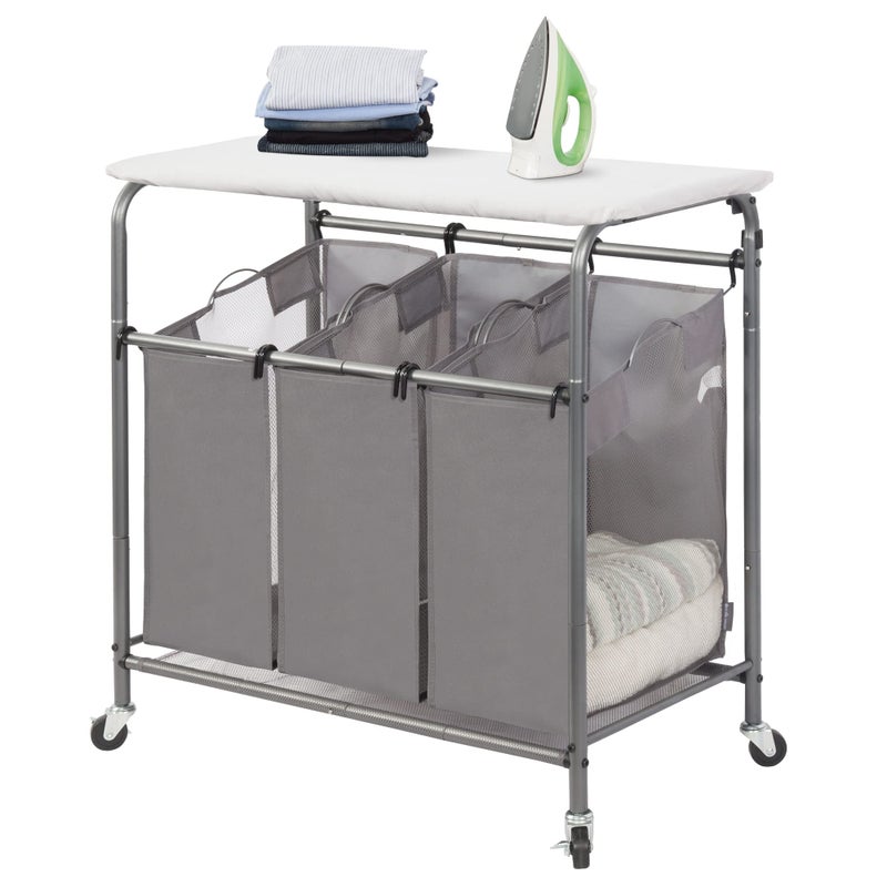 STORAGE MANIAC 3-Section Laundry Sorter with Foldable Ironing Board, Heavy-Duty Rolling Laundry Cart with and Removable Bags, Triple Laundry Hamper with Wheels, Dark Grey - Image 1