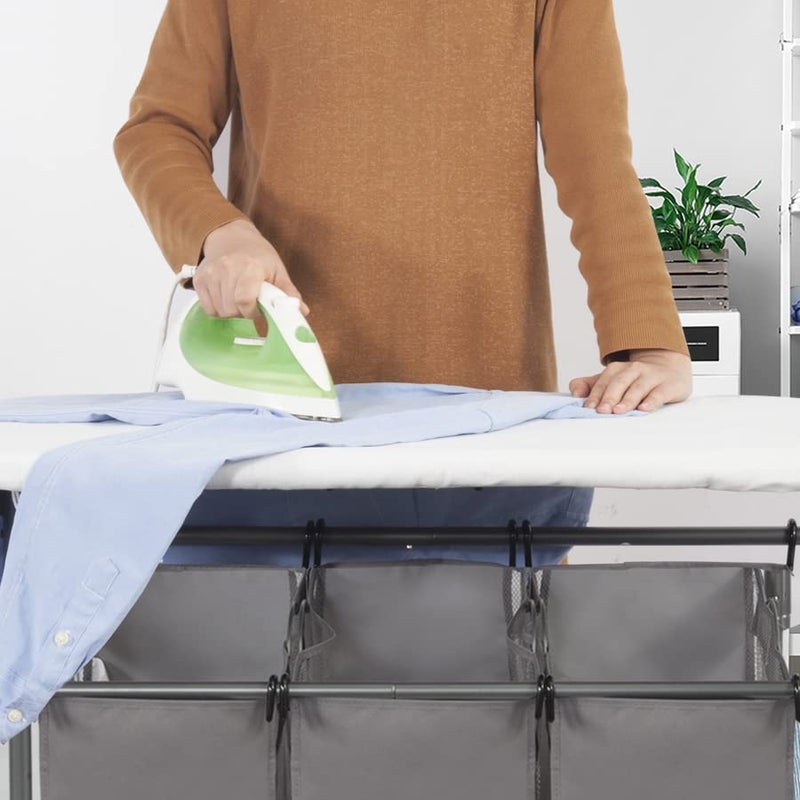 STORAGE MANIAC 3-Section Laundry Sorter with Foldable Ironing Board, Heavy-Duty Rolling Laundry Cart with and Removable Bags, Triple Laundry Hamper with Wheels, Dark Grey - Image 3