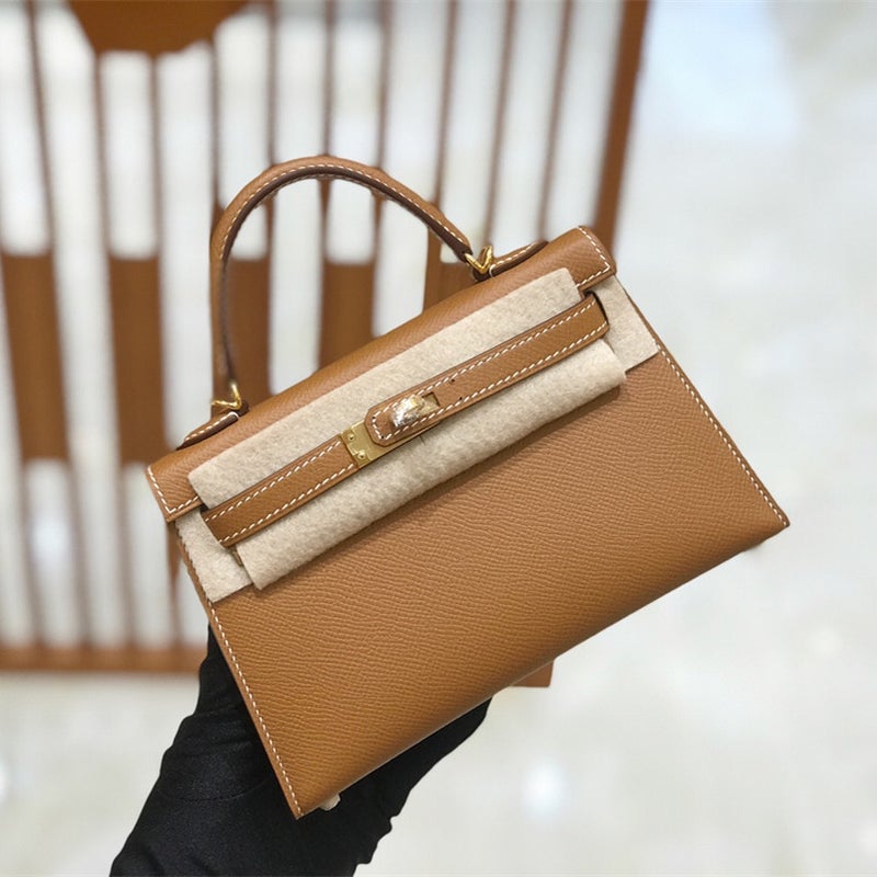 Handcrafted Epsom Leather Mini Kelly P9 Tote Brown 19-epsom leather (gold/silver) handmade wax thread 