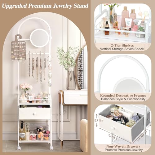 Keebofly Floor Jewelry Organizer with Adjustable Mirror, 67.52" Tall Jewelry Display Stand with 6 Acrylic Earring Necklace Pegboards, Mobile Jewelry Tower with Large Storage Drawer for Women - Image 5