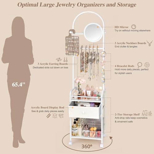 Keebofly Floor Jewelry Organizer with Adjustable Mirror, 67.52" Tall Jewelry Display Stand with 6 Acrylic Earring Necklace Pegboards, Mobile Jewelry Tower with Large Storage Drawer for Women - Image 4