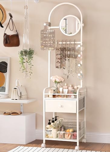Keebofly Floor Jewelry Organizer with Adjustable Mirror, 67.52" Tall Jewelry Display Stand with 6 Acrylic Earring Necklace Pegboards, Mobile Jewelry Tower with Large Storage Drawer for Women - Image 1