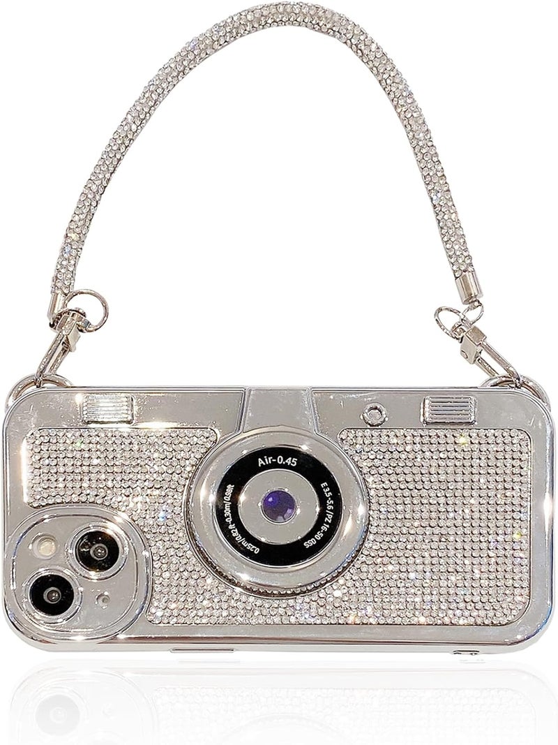 QoKcoahn Cute 3D Bling Vintage Camera Phone Case with Hand Strap - Unique Cool Silicone TPU Shockproof Protective Case for iPhone 15 Pro Max Diamond - Image 1