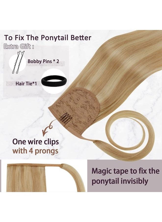 RUNATURE 18 Inch Ponytail Human Hair Extensions Long Ponytail Extension Real Human Hair Light Blonde Highlighted Golden Blonde Hair Extensions Ponytail Wrap Around Natural Hair with Clips Pony Tails 8  - Image 4