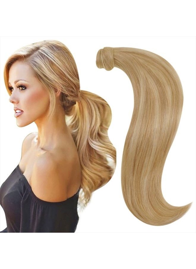 RUNATURE 18 Inch Ponytail Human Hair Extensions Long Ponytail Extension Real Human Hair Light Blonde Highlighted Golden Blonde Hair Extensions Ponytail Wrap Around Natural Hair with Clips Pony Tails 8  - Image 1