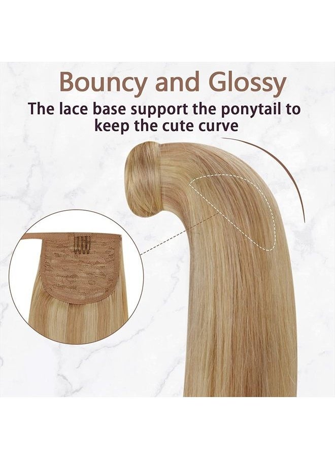 RUNATURE 18 Inch Ponytail Human Hair Extensions Long Ponytail Extension Real Human Hair Light Blonde Highlighted Golden Blonde Hair Extensions Ponytail Wrap Around Natural Hair with Clips Pony Tails 8  - Image 5
