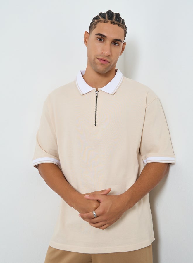 Styli Men Beige Oversize Knitted Polo - Image 2