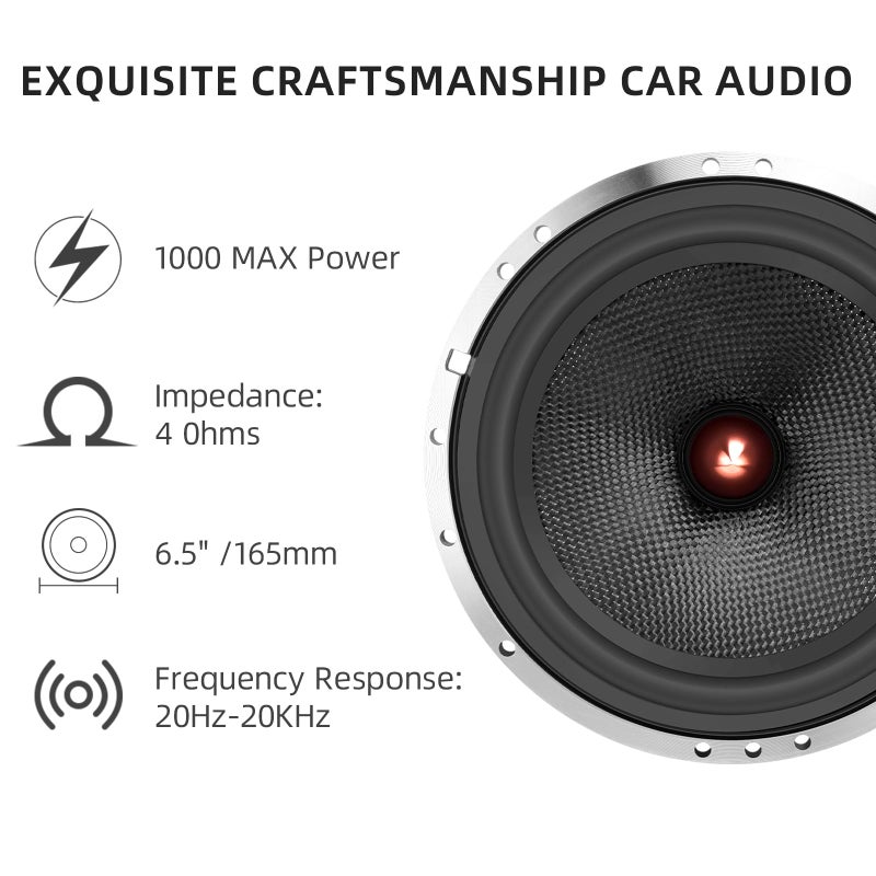 WDiYA Upgrade 6.5" Car Speakers 1000W Peak Power - High-Performance Carbon Fiber Cone Woofers, Bullet Head Design for Clear Bass & Stereo Sound, Door Audio System (2 Speakers) - Image 5