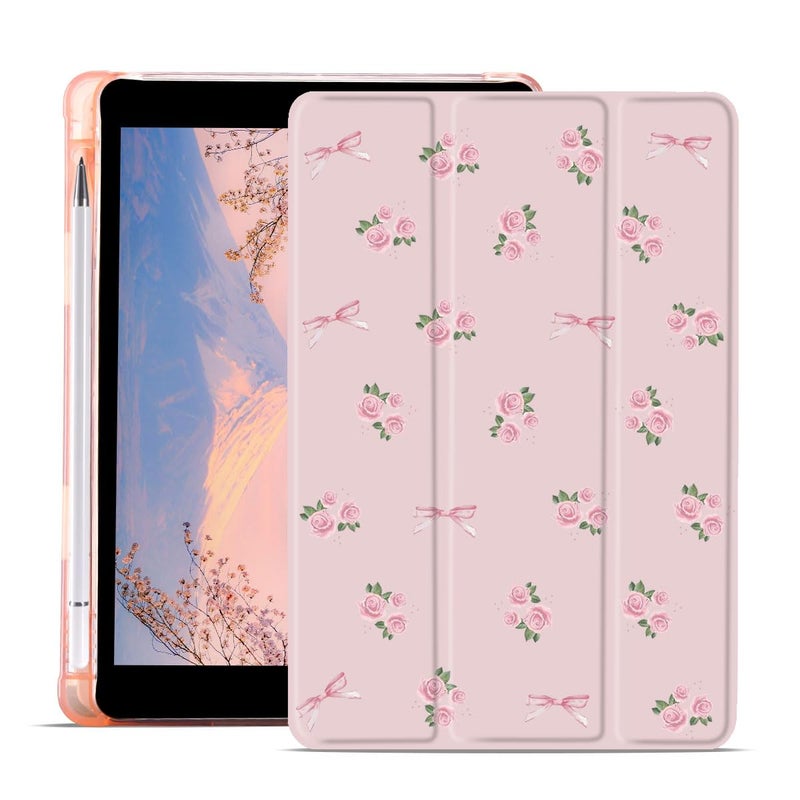 JOYLAND Cute Flower Bowknot Case for iPad 9th7th8th Generation 202120202019 102 Inch with Pencil Holder Aesthetic Floral Pink Girly Cover Auto WakeSleep Foldable Shockproof Case - Image 2