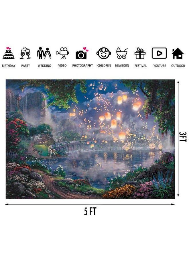 SSCSTS Fairy Tale Prince Beauty Backdrop Palace Castle Garden Lake Lantern Romantic Dating Girl Princess Birthday Party Photography Background Photo Studio Props (Polyester, 5x3ft) - Image 3