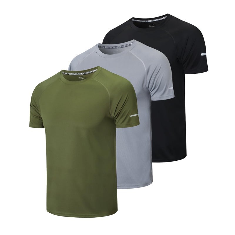 frueo Men's 3 Pack Gym Shirts Quick Dry Moisture Wicking Short Sleeve Mesh Athletic T-Shirts,Black Gray Green,S