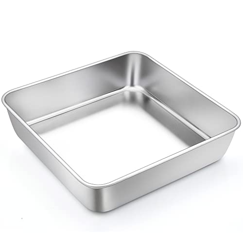 TeamFar Square Cake Pan 9 Inch Stainless Steel Square Baking Roasting Pan for Cake Brownie Lasagna NonToxic  Heavy Duty One Piece Design  Smooth Dishwasher Safe  Easy Clean