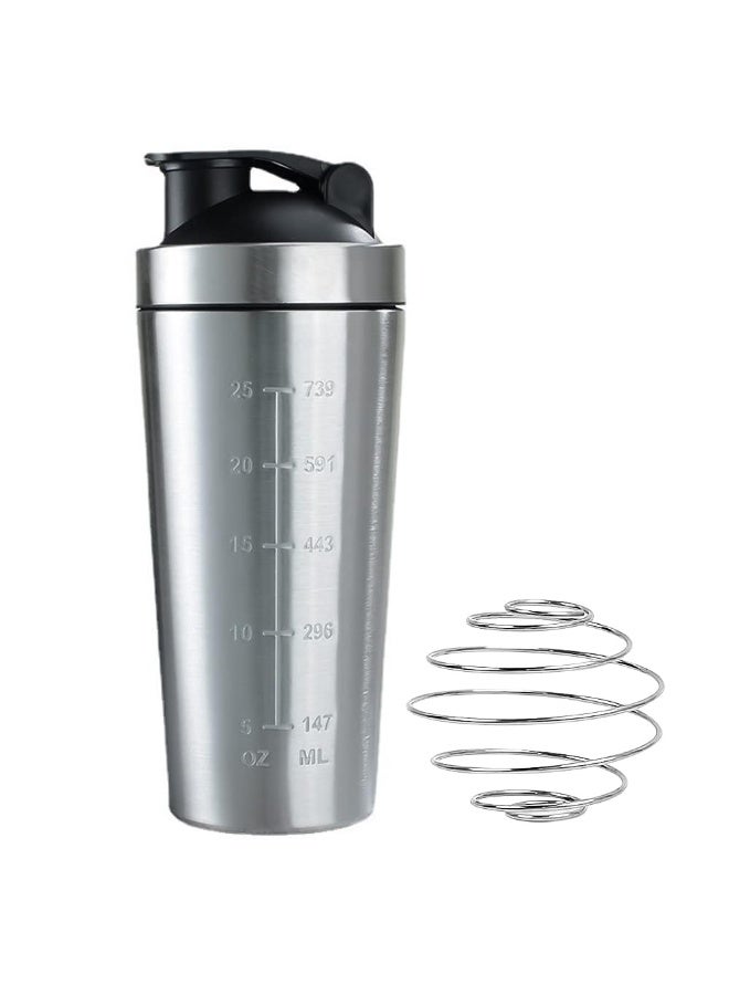 KOWVOWZ Protein Shaker Stainless Steel, 750 ml Blender Bottle Shaker with Scale, Portable Leak-Proof Metal Shaker Stainless Steel, Shaker with Ball, Sports Water Cup for Fitness, Hiking, Cycling - Image 1