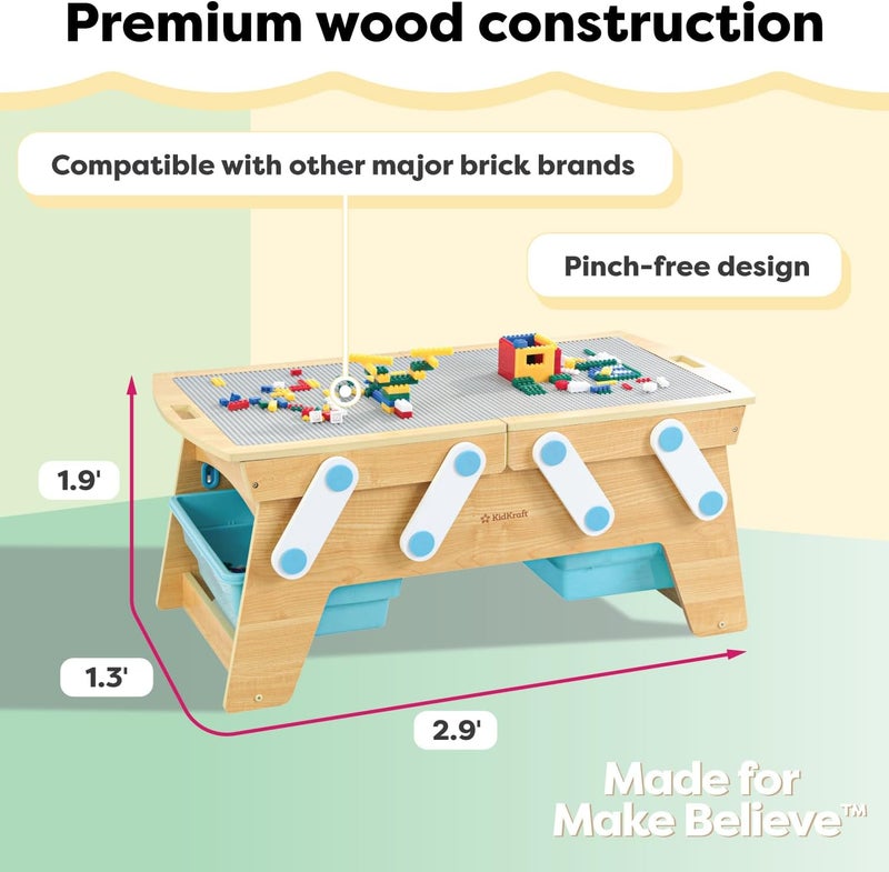 KidKraft طاولة كيدكرافت لبناء الطوب واللعب والتخزين للأطفال مع صناديق 200 قطعة طوب خشبية هدية طبيعية للأعمار من 3 سنوات - Image 3