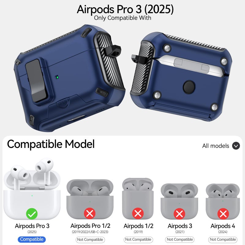 JOREMX for AirPods Pro 3 Case (2025) with Phone Stand,ï¼ˆwith Automatic Snap Switchï¼‰ Carbon Fiber Design Protection Cover for Airpods Pro 3 Gen with Cleaning Pen,Blue - Image 2