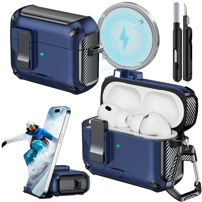JOREMX for AirPods Pro 3 Case (2025) with Phone Stand,ï¼ˆwith Automatic Snap Switchï¼‰ Carbon Fiber Design Protection Cover for Airpods Pro 3 Gen with Cleaning Pen,Blue - Image 1