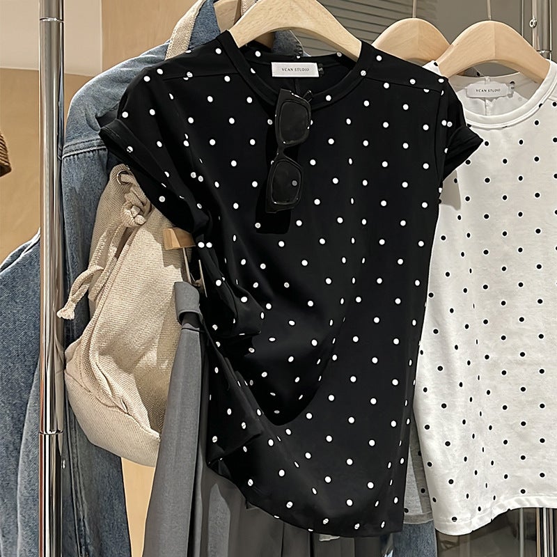 Pure Cotton T-shirt Womens Short-sleeved Shoulder Slim-fit Slimming Round Neck Base Retro Sweet and Spicy Design Chic Dot Top white - Image 2