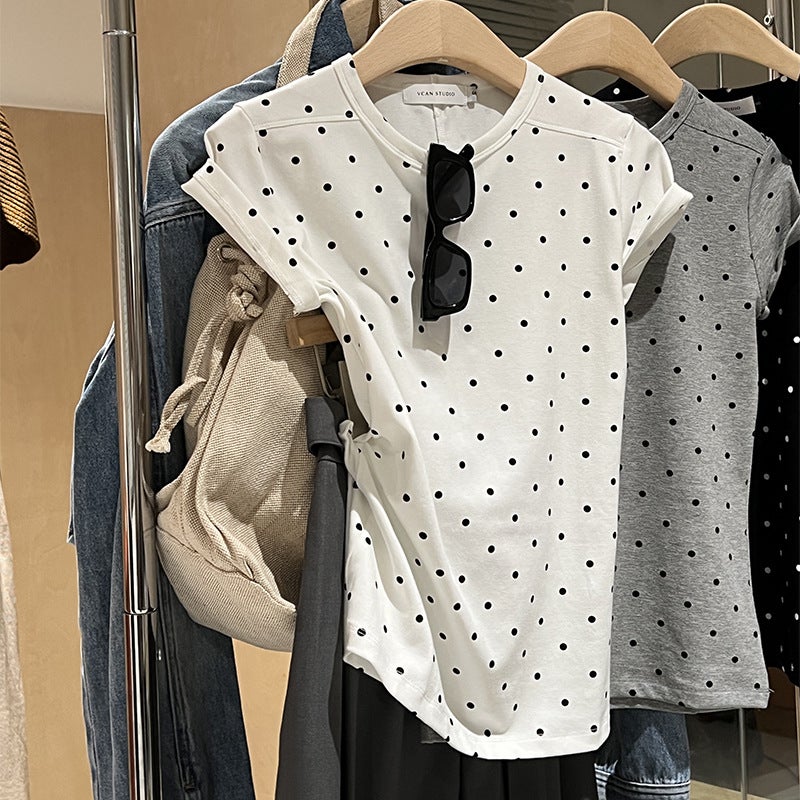 Pure Cotton T-shirt Womens Short-sleeved Shoulder Slim-fit Slimming Round Neck Base Retro Sweet and Spicy Design Chic Dot Top white - Image 1