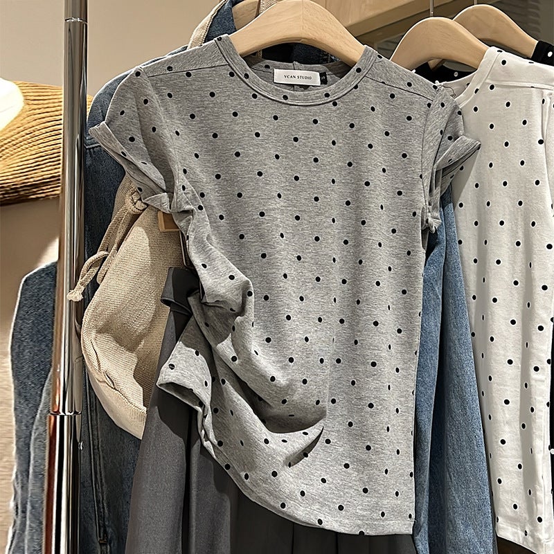 Pure Cotton T-shirt Womens Short-sleeved Shoulder Slim-fit Slimming Round Neck Base Retro Sweet and Spicy Design Chic Dot Top white - Image 3