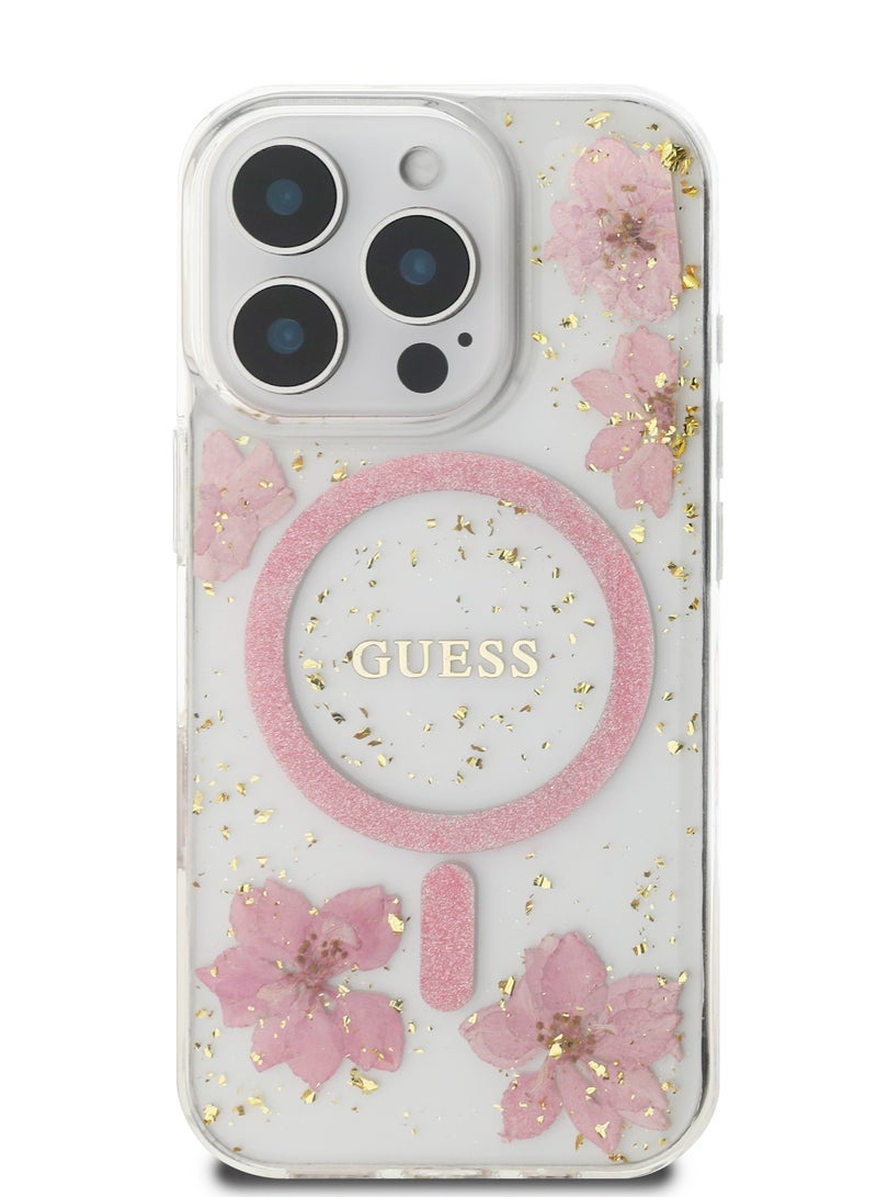 GUESS iPhone 16 Pro Max Magsafe Case Hard Cover with Resin Flowers Design / Drop protection / Comfortable Grip- Pink - Image 1