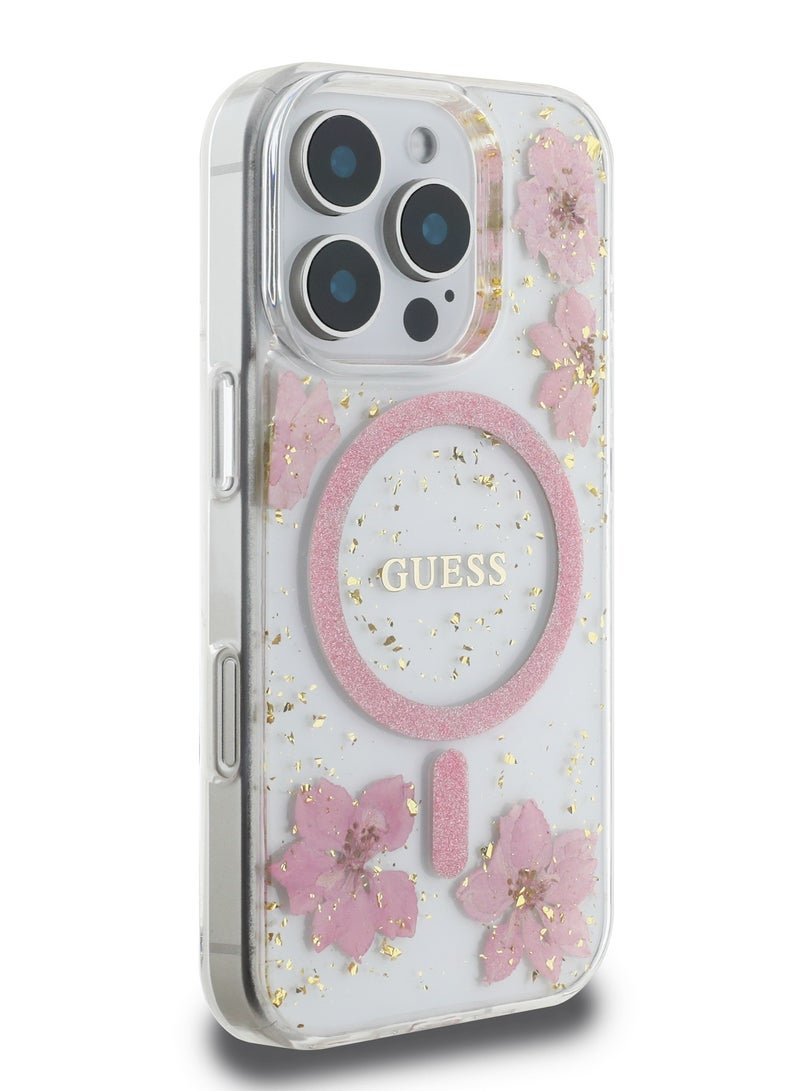 GUESS iPhone 16 Pro Max Magsafe Case Hard Cover with Resin Flowers Design / Drop protection / Comfortable Grip- Pink - Image 4