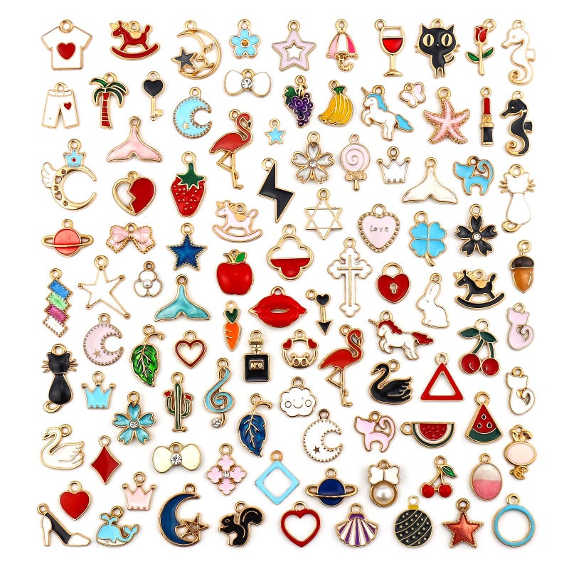 JIALEEY 100PCS Gold Plated Enamel Charms Mixed Moon Star Fruit Animal Charm Colorful Pendant DIY for Necklace Bracelet Jewelry Making and Crafting - Image 1
