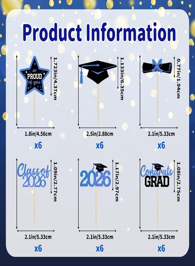 wuhuzsm 36 Pcs Graduation Cupcake Toppers 2026, 6 Styles Black and Blue Glitter Design Graduation Cake Decor, Congrats Grad Cap Cake Toppers, Class of 2026 Disposable Graduation Party Decoration（Blue） - Image 2