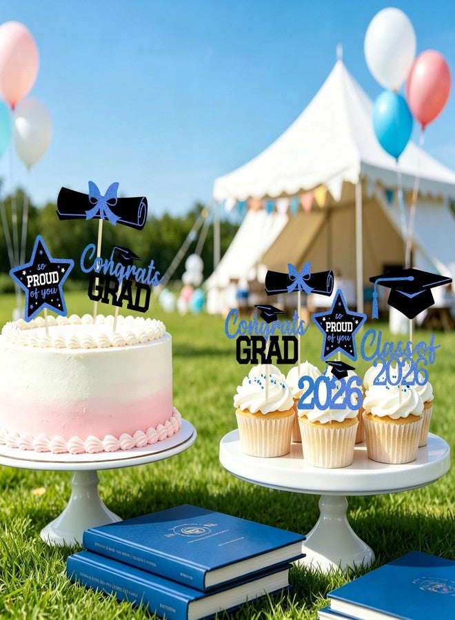 wuhuzsm 36 Pcs Graduation Cupcake Toppers 2026, 6 Styles Black and Blue Glitter Design Graduation Cake Decor, Congrats Grad Cap Cake Toppers, Class of 2026 Disposable Graduation Party Decoration（Blue） - Image 3