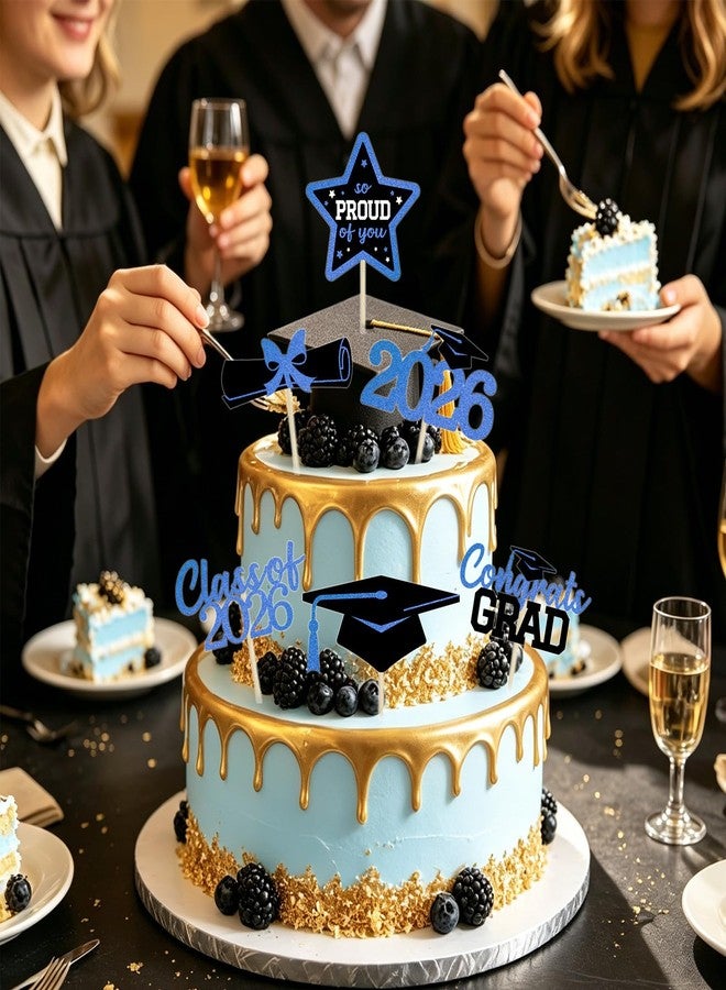 wuhuzsm 36 Pcs Graduation Cupcake Toppers 2026, 6 Styles Black and Blue Glitter Design Graduation Cake Decor, Congrats Grad Cap Cake Toppers, Class of 2026 Disposable Graduation Party Decoration（Blue） - Image 4