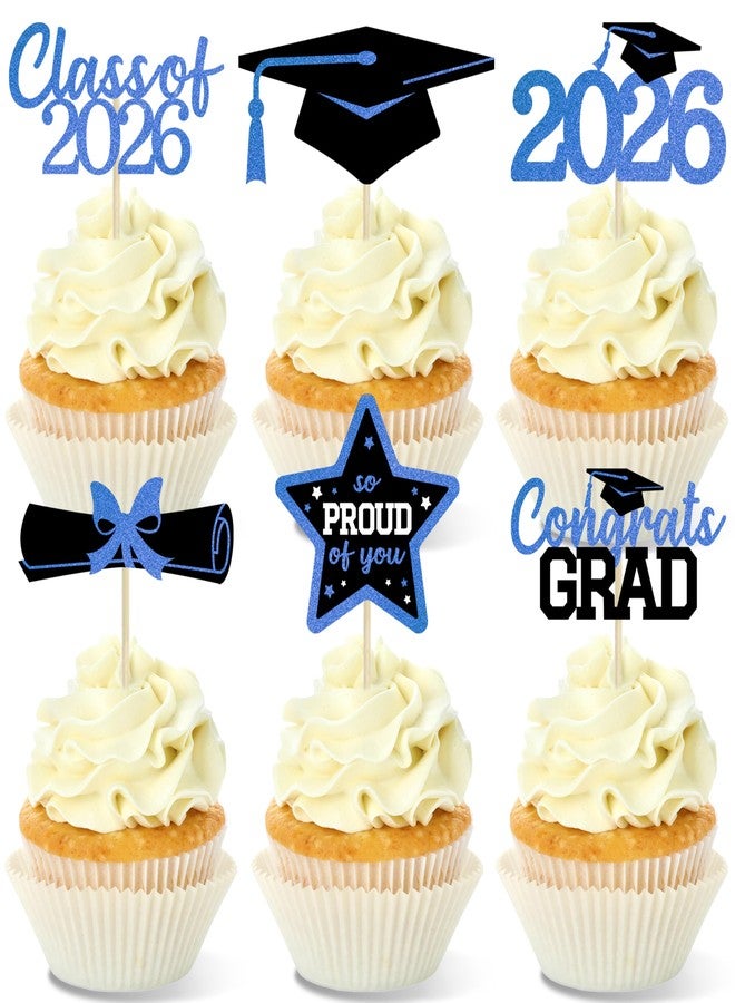wuhuzsm 36 Pcs Graduation Cupcake Toppers 2026, 6 Styles Black and Blue Glitter Design Graduation Cake Decor, Congrats Grad Cap Cake Toppers, Class of 2026 Disposable Graduation Party Decoration（Blue） - Image 1