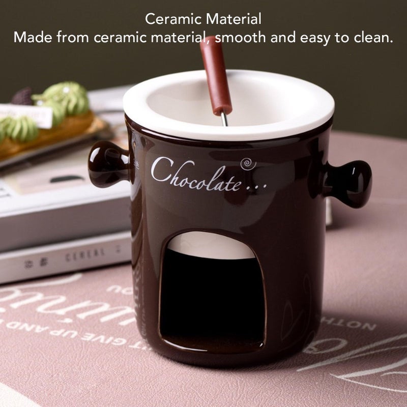 Ceramic Fondue Melting Cup with Fork Tea Light Heating for Chocolate Cheese Ice Cream Dessert Brown - Image 4