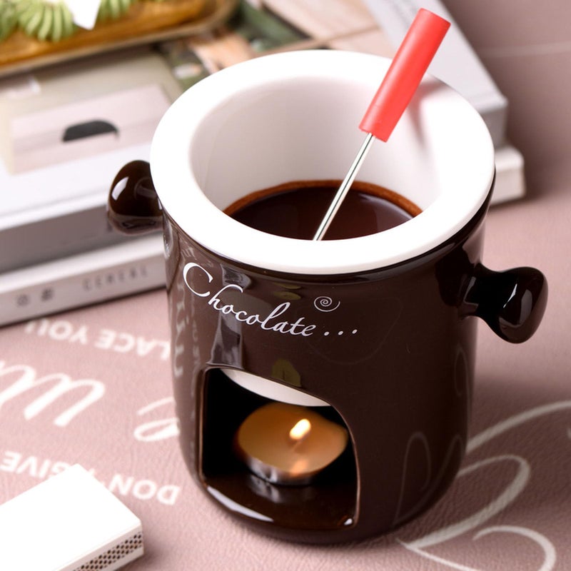 Ceramic Fondue Melting Cup with Fork Tea Light Heating for Chocolate Cheese Ice Cream Dessert Brown - Image 3