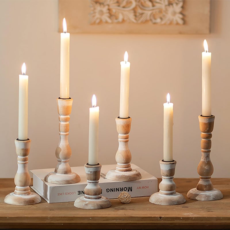 Inweder Wooden Candlestick Holders Rustic Farmhouse Wood Taper Candle Holders Boho Candle Sticks Holder Fall Decor for Dinning Table Mantle Party Holiday Christmas Wedding Home Set of 6 - Image 2