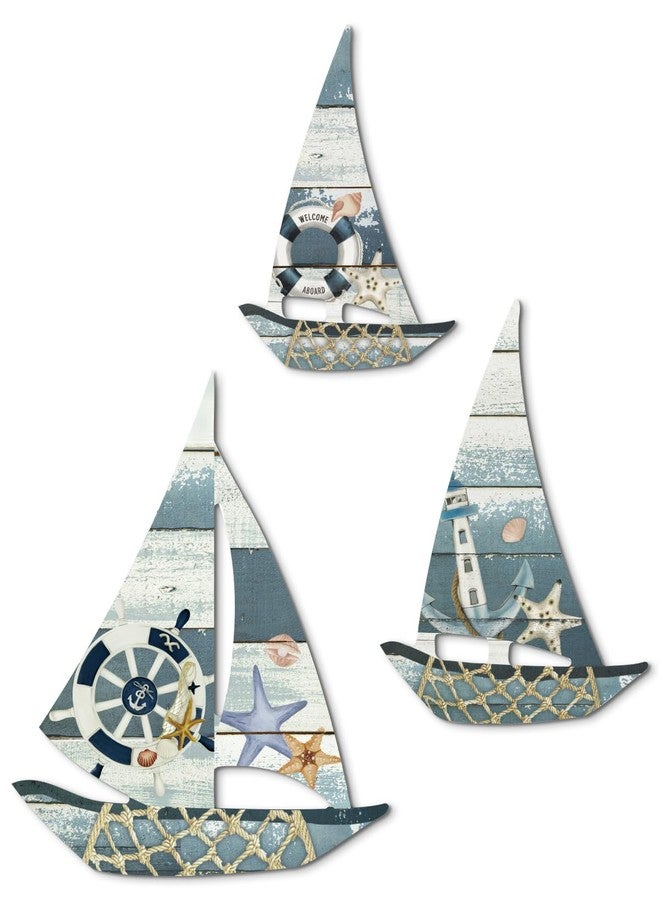 Putuo Decor 3 Pcs Coastal Grandma Sailboat Wall Decor, Wooden Nautical Boat Sculptures with Metal Hook, Beach Cottage Core Accents for Bedroom Bathroom Lake House - Image 1