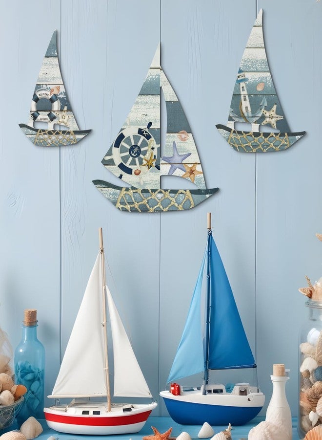 Putuo Decor 3 Pcs Coastal Grandma Sailboat Wall Decor, Wooden Nautical Boat Sculptures with Metal Hook, Beach Cottage Core Accents for Bedroom Bathroom Lake House - Image 2